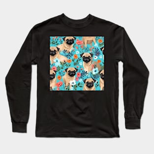 Cute Pugs and Flowers all over Tote Bag Long Sleeve T-Shirt